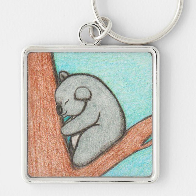 Sömnig Koala Fyrkantig Silverfärgad Nyckelring (Framsidan)