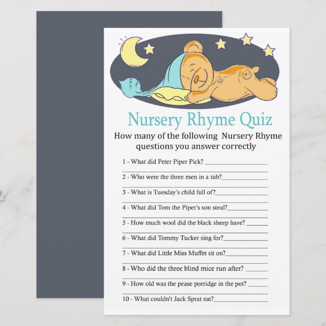 Sömnig nalle Nursery Rhyme Quiz babydusch (Fram/baksida)