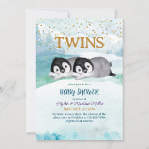Sömnig Penguin Twin Winter Theme Pojke Shower Inbjudningar