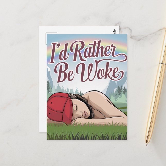 Sömnig person hellre vara vaken berg regnbåge vykort (Fram/Back In Situ)