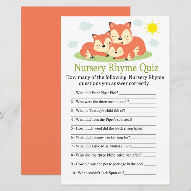 Sömnig räv Nursery Rhyme Quiz babyduschspel (Fram/baksida)