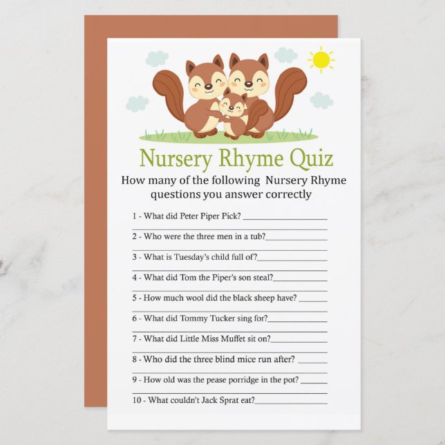 Sömnig räv Nursery Rhyme Quiz babyduschspel (Fram/baksida)