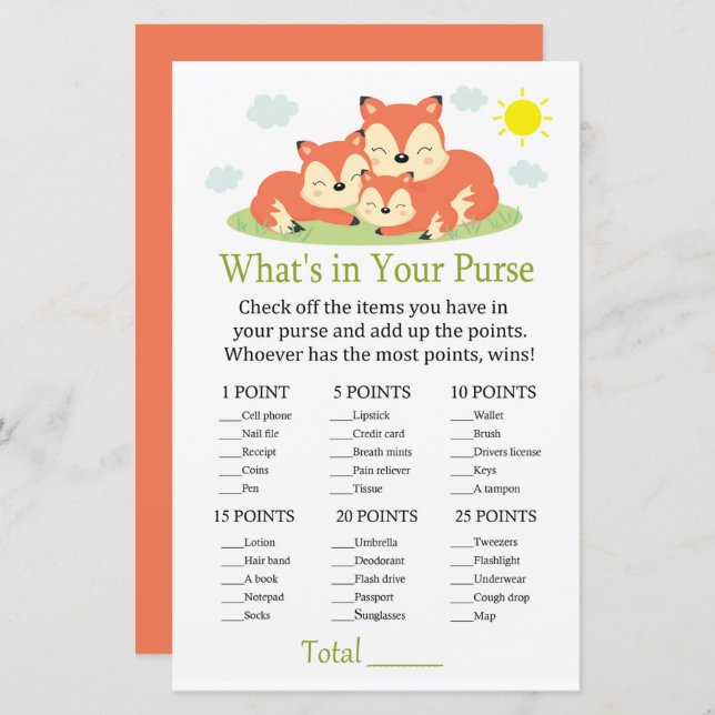 Sömnig räv vad som finns i ditt handväska (Fram/baksida)