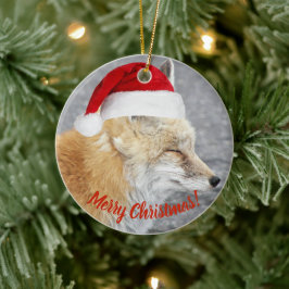 Sömnig Red Fox Wearing Red Santa Hat Helgdag Julgransprydnad Keramik