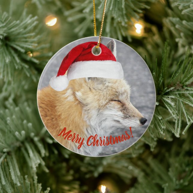 Sömnig Red Fox Wearing Red Santa Hat Helgdag Julgransprydnad Keramik (Träd)
