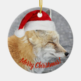 Sömnig Red Fox Wearing Red Santa Hat Helgdag Julgransprydnad Keramik