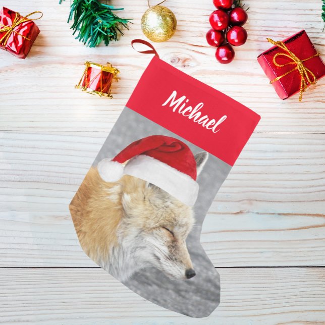 Sömnig Red Fox Wearing Red Santa Hat med Namn Liten Julstrumpa (In Situ)
