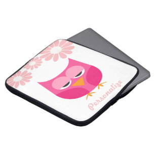Sömnig rosa uggla- och blommapersonlig laptop fodral