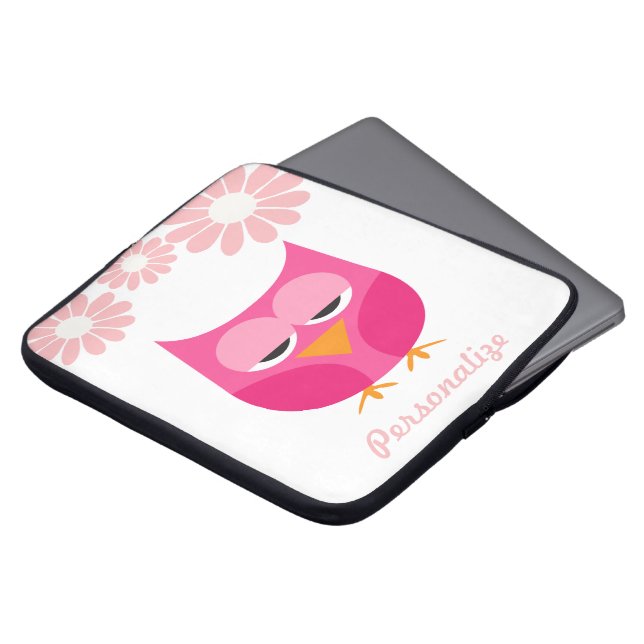 Sömnig rosa uggla- och blommapersonlig laptop fodral (Framsida topp)