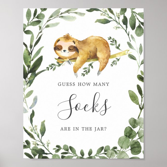 Sömnig Sloth Baby Shower Gissa hur många socklar Poster (Framsidan)