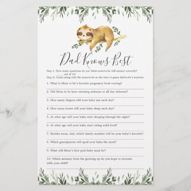 Sömnig Sloth Baby Shower Pappa känner till bästa s (Framsida)