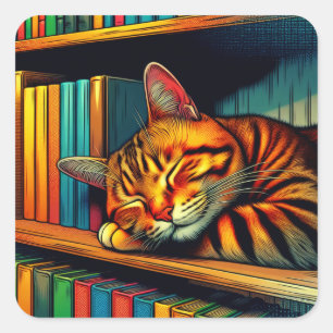 Sömnig Tecknad Stil Cat Sleeping Fyrkantigt Klistermärke