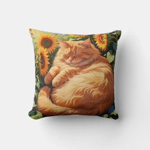 Sömnig Tjock Orange Cat med solblommor Kudde