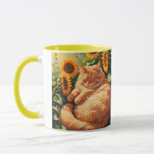 Sömnig Tjock Orange Cat med solblommor Mugg