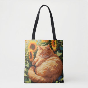 Sömnig Tjock Orange Cat med solblommor Tygkasse