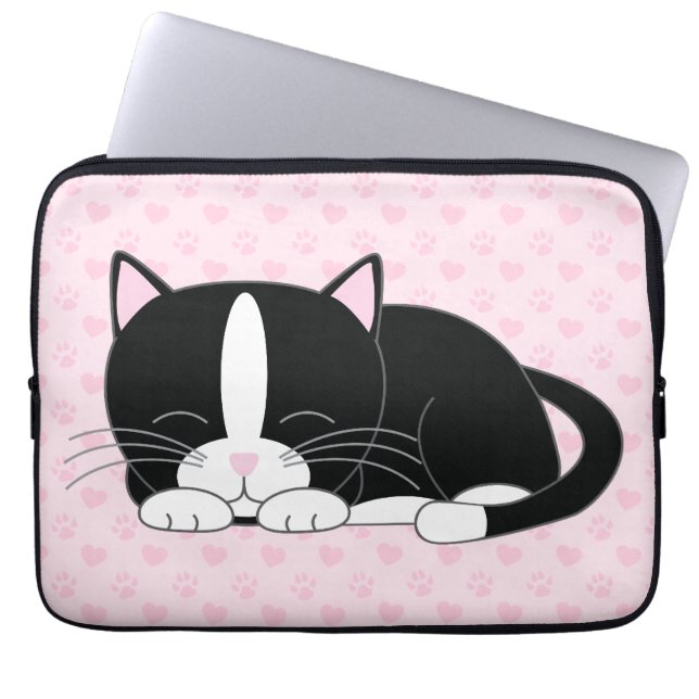Sömnig Tuxedo-katt {rosa} Laptop Fodral (Framsidan)