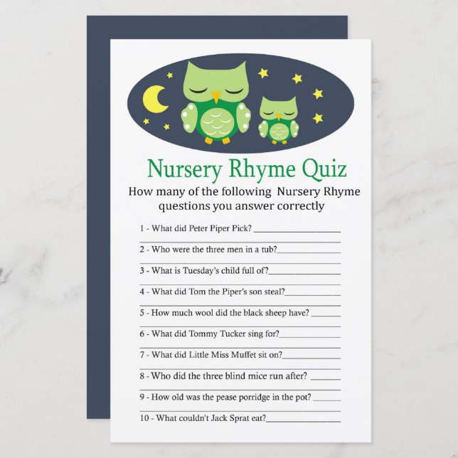 Sömnig uggla Nursery Rhyme Quiz babyduschspel (Fram/baksida)