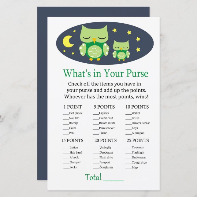 Sömnig uggla What's in your purse match babydusch (Fram/baksida)