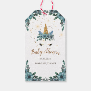 sömnig Unicorn Blue blommigt babyduschmonogram Presentetikett