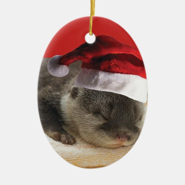 Sömnig utter jultomten julgransprydnad keramik (Framsidan)