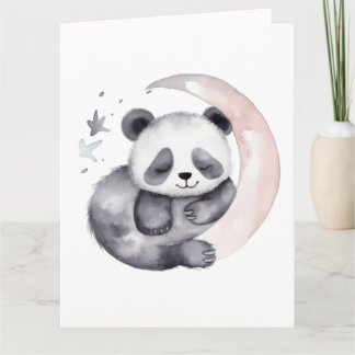 Sömnig vattenfärgen Måne Baby Panda Bear Kort