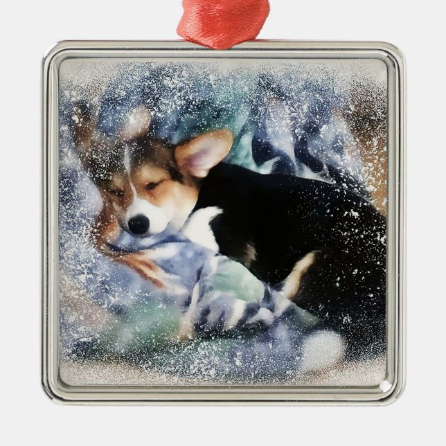 Sömnig Welsh Corgi Puyppy Julgransprydnad Metall (Framsidan)
