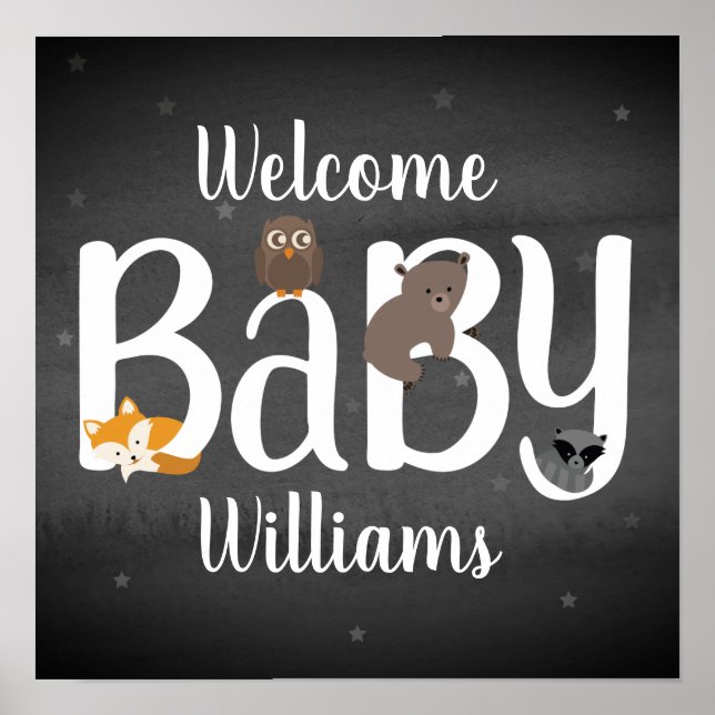 Sömnig Woodland Animals Night Baby Shower Poster (Framsidan)