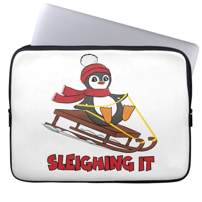 Sömning - Snö Sledding Cute Penguin Winter Laptop Fodral (Framsidan)