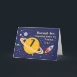 Son 7:e Birthday Planets i Rymden w/Rocket Kort<br><div class="desc">7:a är ute ur världen,  särskilt när det är din son! Raketens frakt,  planeter och stjärnor fylls på kortets framsida med budskapet att du räknar ner för att säga Grattis på födelsedagen!</div>