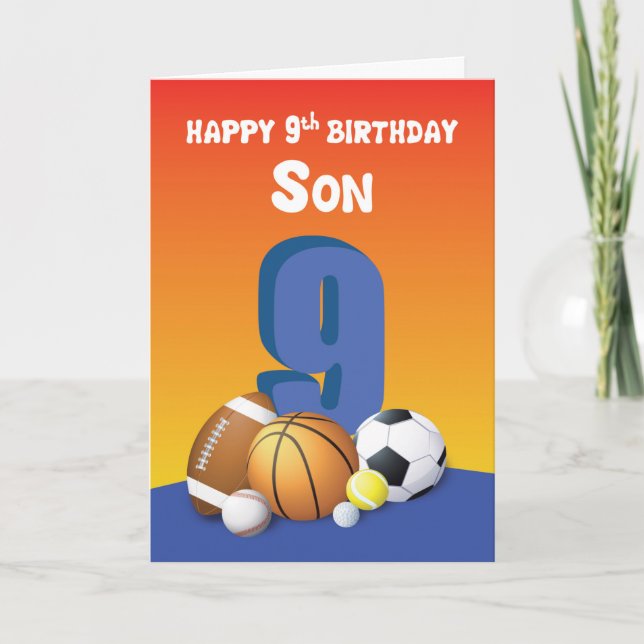 Son 9th Birthday Sports Bollar Kort (Framsida)