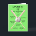 Son, basebollskämt på födelsedagen kort<br><div class="desc">För en son,  ett lustigt födelsedagskort. Ett roligt kort som visar baseboll och fladdermöss med många dåliga baseballskämt. Ett kort till idrottsmannen med en känsla av humor. Se alla åldrar och relationer i min butik.</div>