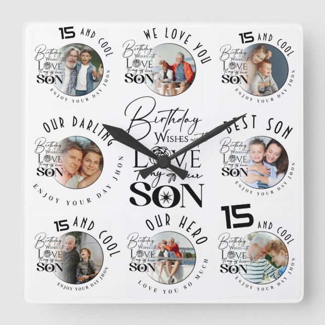 Son Birthday 8 Photo Collage Typography  Fyrkantig Klocka (Framsida)