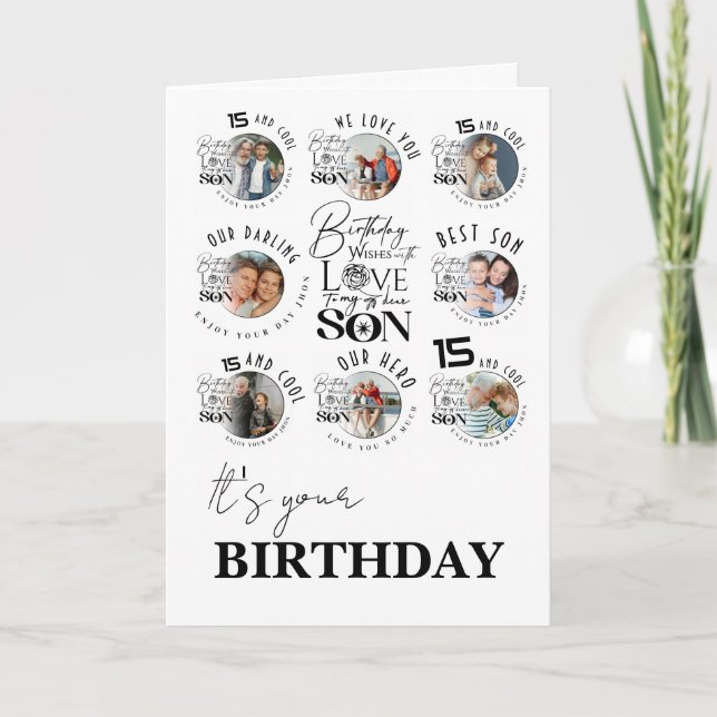 Son Birthday 8 Photo Collage Typography  Kort (Framsida)