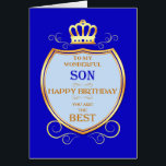 Son Birthday med Shield Hälsningskort<br><div class="desc">Önska din son i grattis på födelsedagen med en royal sköld. En gyllene krona sitter över en sköld med guldskrov. Säg till din son att han är bäst på ett vanligt medeltida sätt!</div>