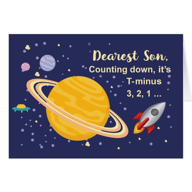 Son Birthday Planets i Rymden med Rocket Hälsningskort (Framsidan Horizontal)