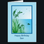 Son Birthday Sea Fishing Hälsningskort<br><div class="desc">En underbar havsfiskecka. Ett underbart födelsedagskort för en son som fiskar i kärlek,  eller bara kärlek i havet. Tall gräver ram i ett lugn hav med en liten båt och en man som fiskar. Innerversen har fiskarens lycka till önskat "tam linjer".</div>
