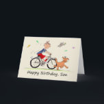 Son Birthday-Tecknad för en Boy Riding Bike Kort<br><div class="desc">Det här är ett roande kort för någon att ge sin son på sin födelsedag. Det är en karikatyr av en tecknad av en pojke på hans cykel som följer efter en leende brun hund som är på väg, omgiven av fjärilar, och en fågel. Den unge pojken bär röd kort...</div>