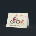 Son Birthday-Tecknad för en Boy Riding Bike Kort<br><div class="desc">Det här är ett roande kort för någon att ge sin son på sin födelsedag. Det är en karikatyr av en tecknad av en pojke på hans cykel som följer efter en leende brun hund som är på väg, omgiven av fjärilar, och en fågel. Den unge pojken bär röd kort...</div>