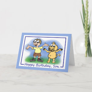 Son Birthday-Tecknaden Caricature of a Boy and Hun Kort