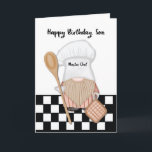 Son Birthday Whimsical Gnome Chef Cooking Kort<br><div class="desc">En lustig gnomkock bär en matlagningshatt och håller en träsked och krukhållare. Han står på en vintage som tittar svartvit kök golv. Perfekt födelsedagskort till ge din son som kokar,  sprinklad med lite roligt!</div>