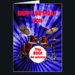 Son Birthday You Sten Drums Hälsningskort<br><div class="desc">Ett födelsedagskort för en son. Höj volymen på födelsedagskalan önskemål! Det här kortet är ett högenergiskt sätt att fira livet i party. Oavsett om de är en trumma eller bara har rockstjärna-vibes träffar det här kortet alla höger. Med sin öga-fångstdesign och kosmisk fläkt är det det bästa sättet att säga...</div>