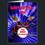 Son Birthday You Sten Drums Hälsningskort<br><div class="desc">Ett födelsedagskort för en son. Höj volymen på födelsedagskalan önskemål! Det här kortet är ett högenergiskt sätt att fira livet i party. Oavsett om de är en trumma eller bara har rockstjärna-vibes träffar det här kortet alla höger. Med sin öga-fångstdesign och kosmisk fläkt är det det bästa sättet att säga...</div>
