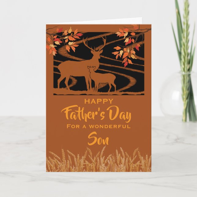 Son Father’s Day Deer in Field Fall Leaves Kort (Framsida)