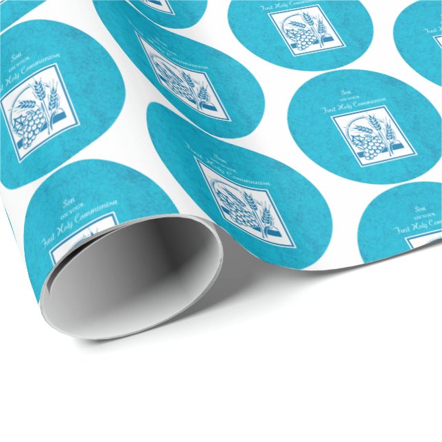 Son, första gemenskap, vete, druvor blå presentpapper (Rullad Hörn)