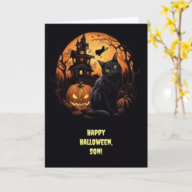 Son Halloween Spooky med Jack O Lantern Witch Cat Kort (Gul blomma)
