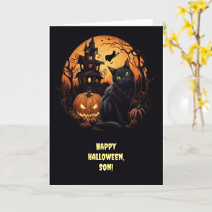 Son Halloween Spooky med Jack O Lantern Witch Cat Kort
