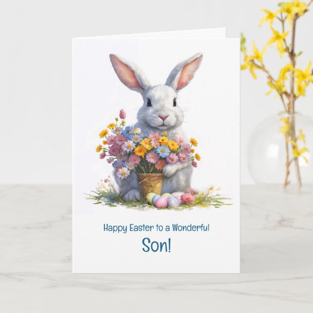 Son Happy Easter Cute Bunny Rabbit and Easter  Kort (Gul blomma)