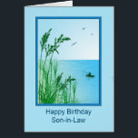 Son i Law Birthday Sea Fishing Hälsningskort<br><div class="desc">En underbar havsfiskecka. Ett underbart födelsedagskort för en svärson som fiskar i kärlek,  eller bara kärlek i havet. Tall gräver ram i ett lugn hav med en liten båt och en man som fiskar. Innerversen har fiskarens lycka till önskat "tam linjer".</div>