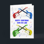 Son i Law Guitars Birthday Card Kort<br><div class="desc">Ett vackert födelsedagskort för en svärson. Elektriskt guitarfärgat konst med  musik i bakgrunden. Du kan inte ha för många gitarrer. Ett mycket coola gitarr-födelsedagskort,  firar energien och ren roligt av detta musikinstrument. Ett födelsedagskort för perfekter och musik i älskare.</div>