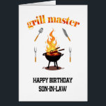 Son in Law Grill Master Birthday Hälsningskort<br><div class="desc">Ett födelsedagskort för en svärson som grillar kärlek. En rökig,  mousserande design med ett grillrutnät framför och mitt,  flammor stigning i bakgrunden. "Grill master" tar strålkastarljuset,  precis som han när han är bakom galler!</div>